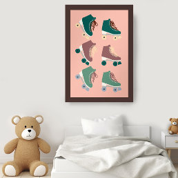Retro Rollerskates Green Dusty Pink Groovy Cool  Poster