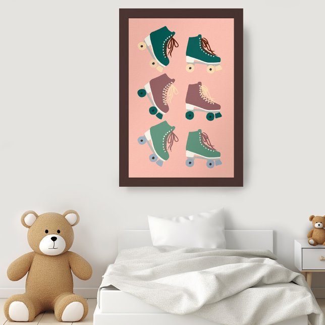 Retro Rollerskates Green Dusty Pink Groovy Cool  Poster (Retro Rollerskates Green Dusty Pink Poster Nursery Playroom Vintage Cute Groovy Wall Art)