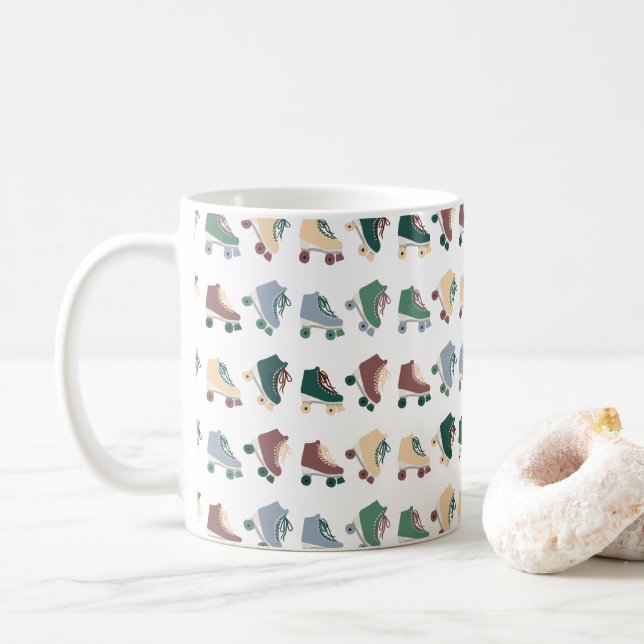 Retro Rollerskates Green Dusty Pink  Pattern Coffee Mug (With Donut)