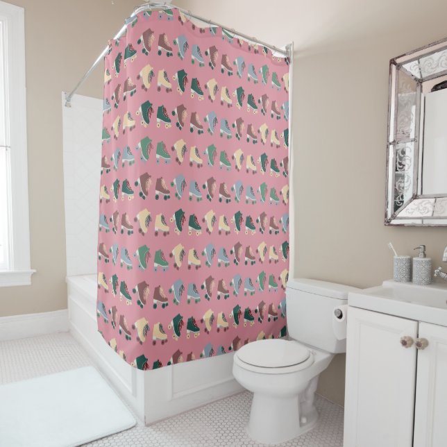 Retro Rollerskates Green Dusty Pink Pattern Shower Curtain (In Situ)
