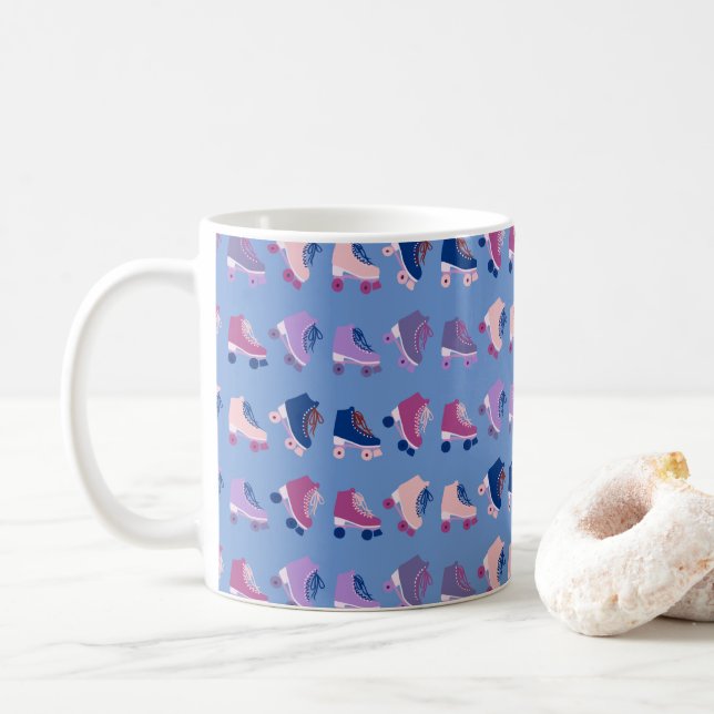 Retro Rollerskates Purple Pink  Pattern Coffee Mug (With Donut)
