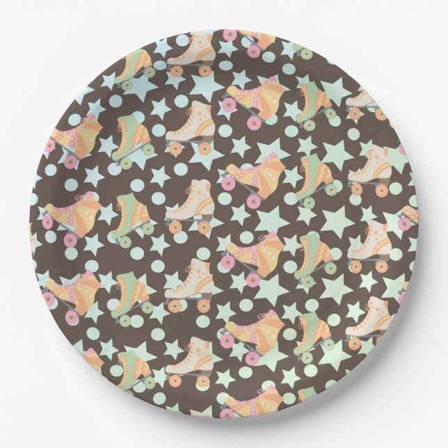 Retro Rollerskating Birthday Skates Stars Pattern Paper Plates (Front)