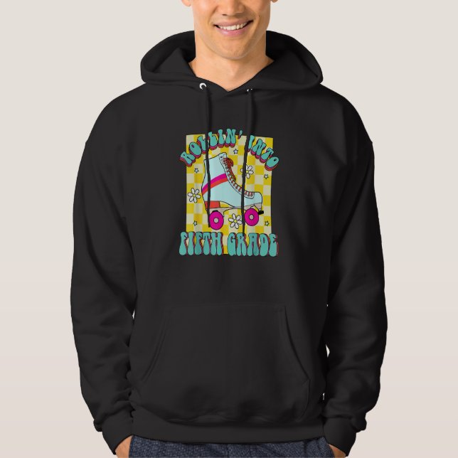 Retro Rollin' Into Fifth Grade Roller Skate Back T Hoodie (Front)
