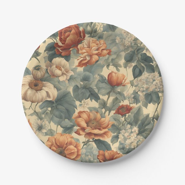 Retro Romance: Antique Flower Designs Paper Plates (Front)