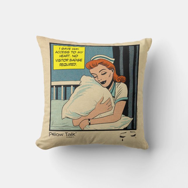 Retro Romance Comic: Pillow Talk Throw Pillow (Front)