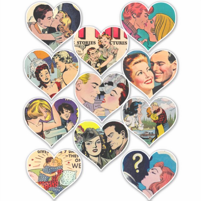 retro romance comics hearts lovers couples art  sticker (Front)