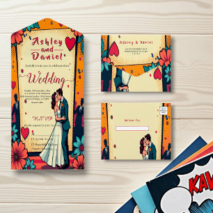 Retro Romantic Bride and Groom Comic Book Wedding All In One Invitation