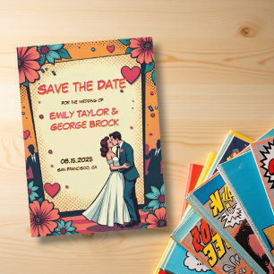 Retro Romantic Bride and Groom Comic Book Wedding Save The Date