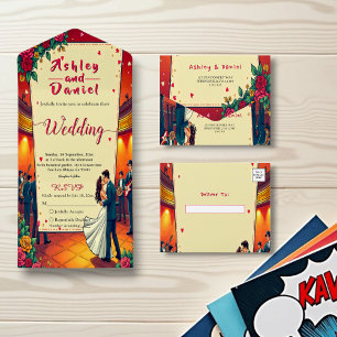 Retro Romantic Couple Comic Book Style Wedding All In One Invitation