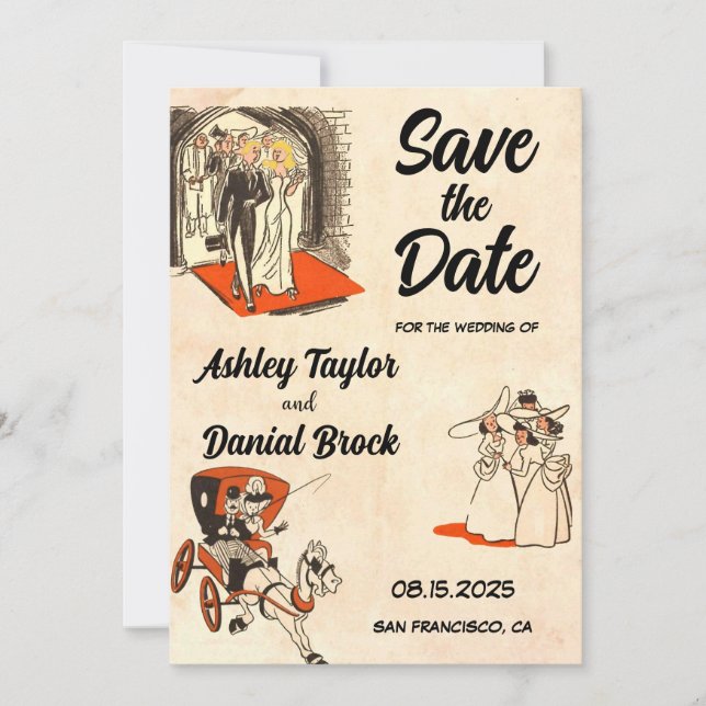 Retro Romantic Couple Comic Wedding Save the Date Invitation (Front)