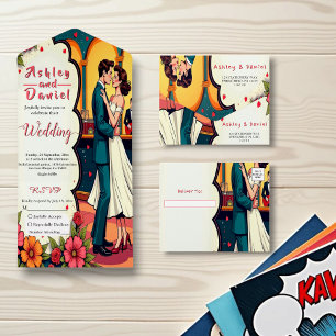Retro Romantic Couple Dance Comic Style Wedding All In One Invitation