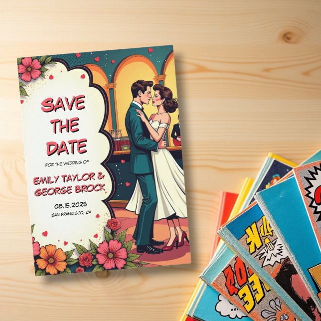 Retro Romantic Couple Dance Comic Style Wedding Save The Date (Creator Uploaded)