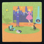 Retro Romantic Evening Couple Stone Coaster<br><div class="desc">This Retro Romantic Evening Couple Stone Coaster looks like a scene out of a 1960's romantic comedy. The minimalist design features an attractive cartoon couple in the living room of a mid century modern, urban apartment. The room prominently features a green, stone wall with a floor to ceiling window with...</div>
