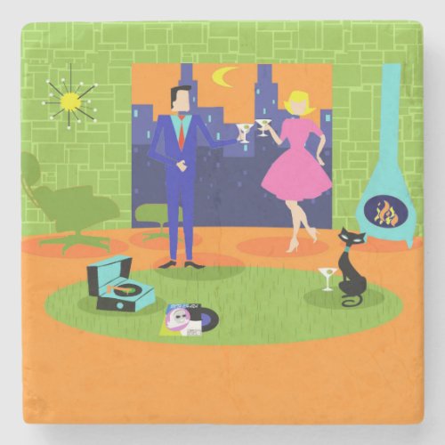 Retro Romantic Evening Couple Stone Coaster