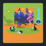 Retro Romantic Evening Couple Wall Clock<br><div class="desc">This Retro Romantic Evening Couple Acrylic Wall Clock looks like a scene out of a 1960's romantic comedy. The minimalist design features an attractive cartoon couple in the living room of a mid century modern, urban apartment. The room prominently features a green, stone wall with a floor to ceiling window...</div>