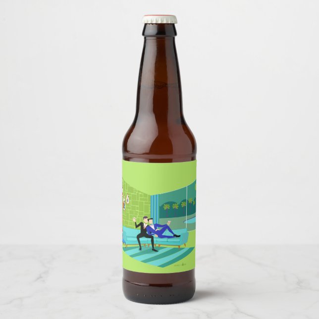 Retro Romantic Gay Couple Beer Bottle Label (Front)