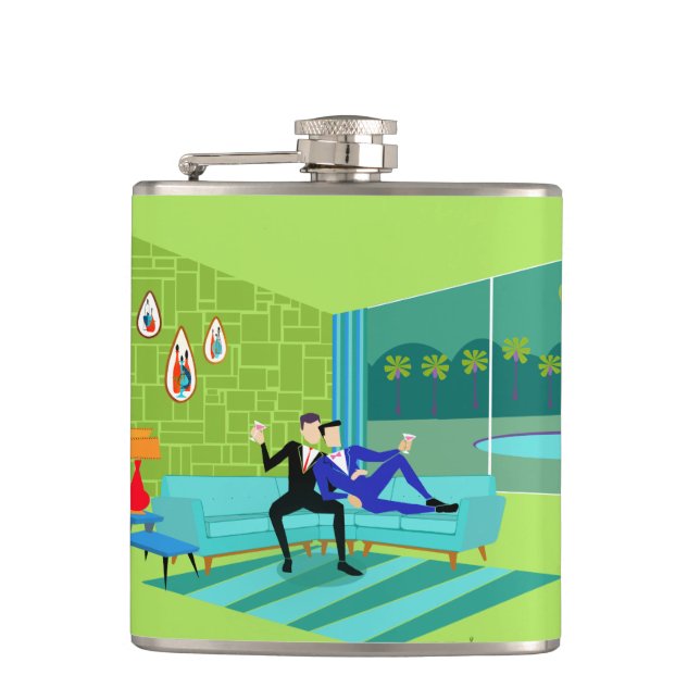 Retro Romantic Gay Couple Flask (Front)