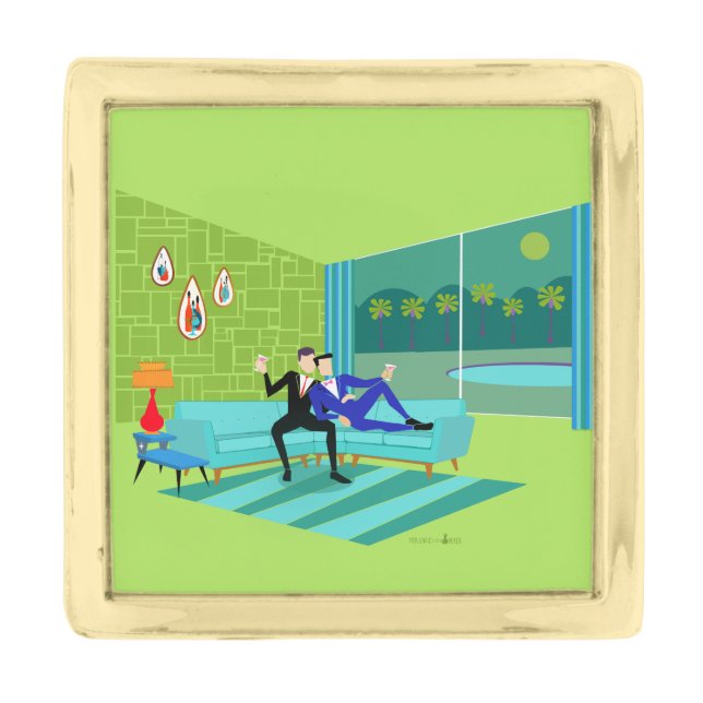 Retro Romantic Gay Couple Lapel Pin (Front)