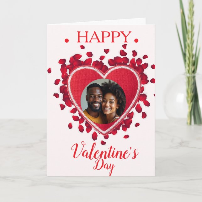 Retro Romantic Stitched Heart & Rose Petals Photo  Card (Front)