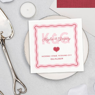 Retro Romantic Wavy Frame Heart Monogram Wedding Napkins