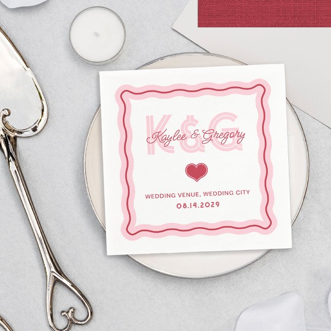 Retro Romantic Wavy Frame Heart Monogram Wedding Napkins (Creator Uploaded)