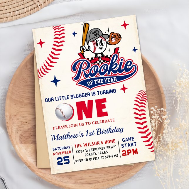 Retro Rookie of the Year Baseball 1st Birthday Invitation (Creator Uploaded)