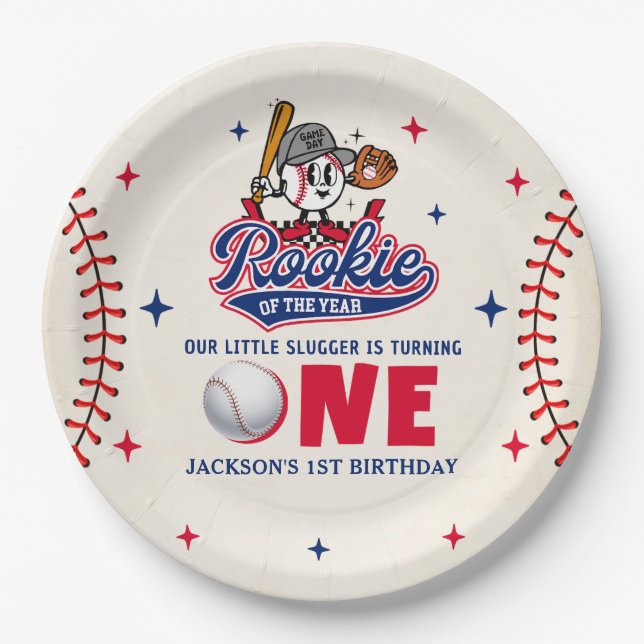 Retro Rookie of the Year Baseball 1st Birthday Paper Plates (Front)