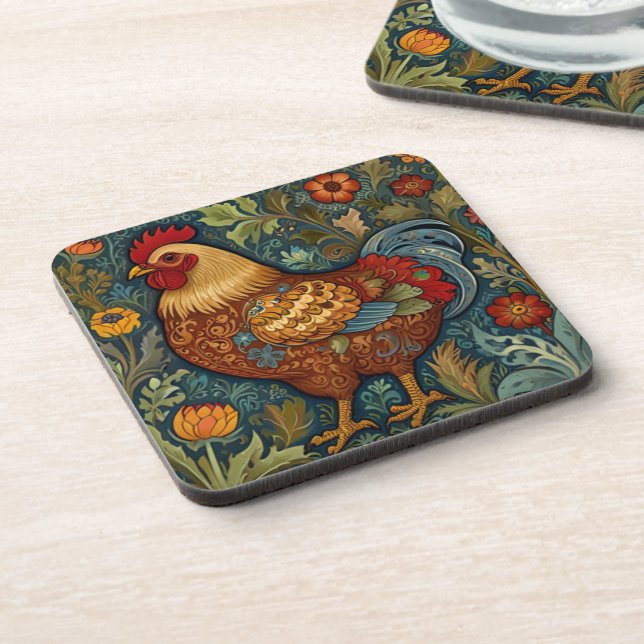 Retro rooster boho chic country chicken  beverage coaster (Left Side)