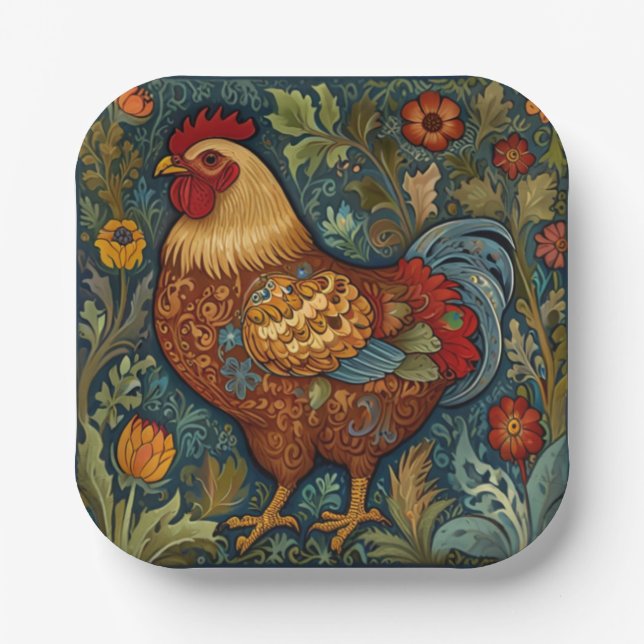 Retro rooster boho chic country chicken  paper plates (Front)