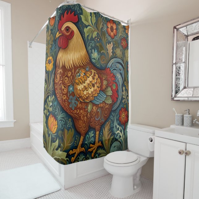 Retro rooster boho chic country chicken  shower curtain (In Situ)