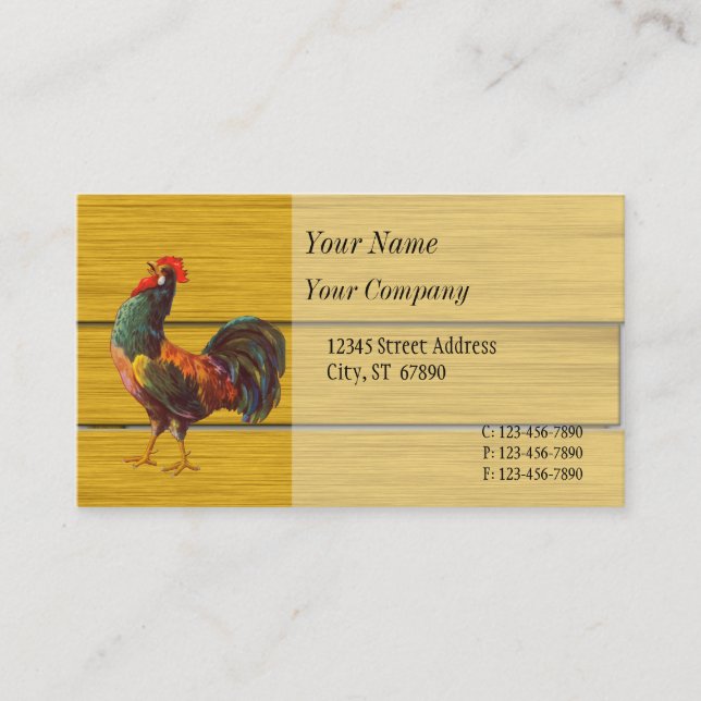 Retro Rooster Faux Wood Custom Business Cards (Front)