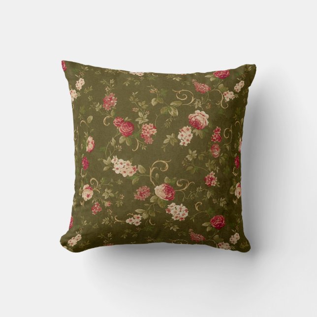 Retro rose & olive throw pillow (Front)