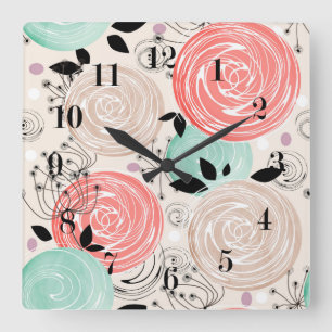 Retro, roses square wall clock