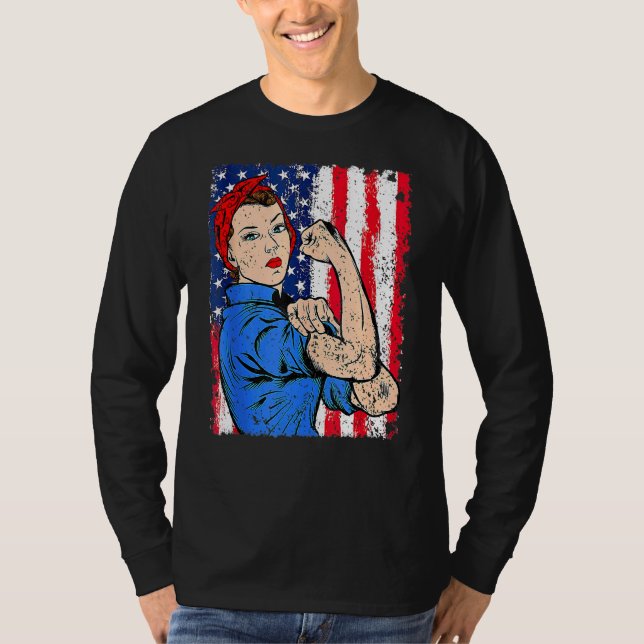 Retro Rosie The Riveter Feminist Usa Flag 4th Of J T-Shirt (Front)