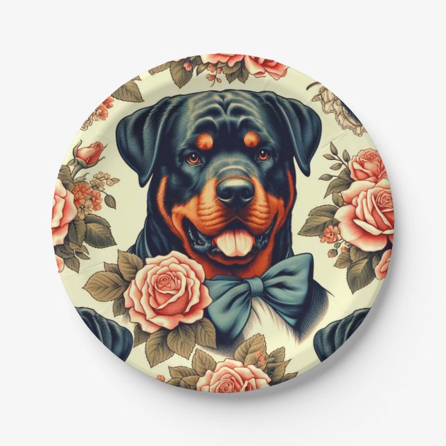 Retro Rottweiler Illustration Paper Plates (Front)