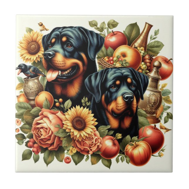 Retro Rottweiler Painting Ceramic Tile (Front)