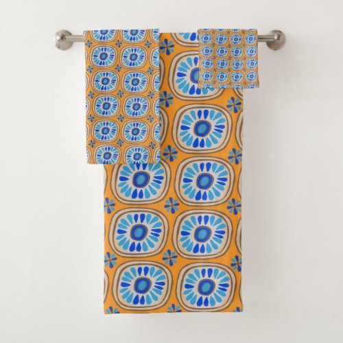 Retro Round Daisy Tile Pattern Blue Orange Bath Towel Set