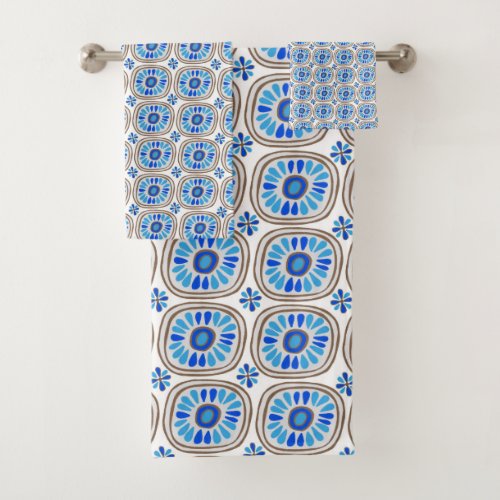 Retro Round Daisy Tile Pattern Blue White Bath Towel Set