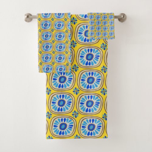Retro Round Daisy Tile Pattern Blue Yellow Bath Towel Set