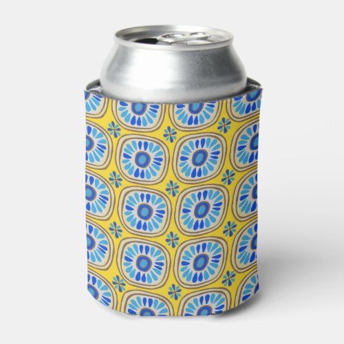Retro Round Tiles Mexico Daisy Pattern Blue Yellow Can Cooler