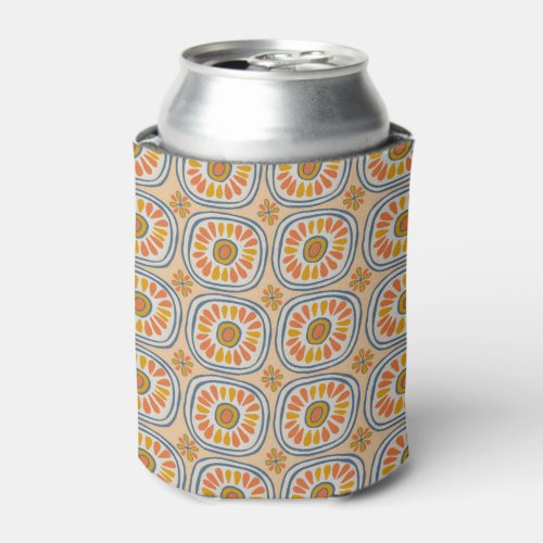 Retro Round Tiles Mexico Daisy Pattern Orange Blue Can Cooler