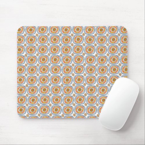 Retro Round Tiles Mexico Daisy Pattern Orange BLue Mouse Pad
