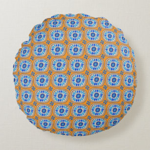 Retro Round Tiles Mexico Daisy Pattern orange BLue Round Pillow