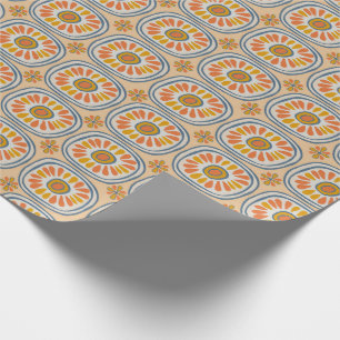 Retro Round Tiles Mexico Daisy Pattern Orange BLue Wrapping Paper