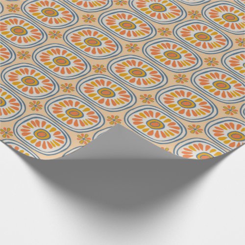 Retro Round Tiles Mexico Daisy Pattern Orange BLue Wrapping Paper