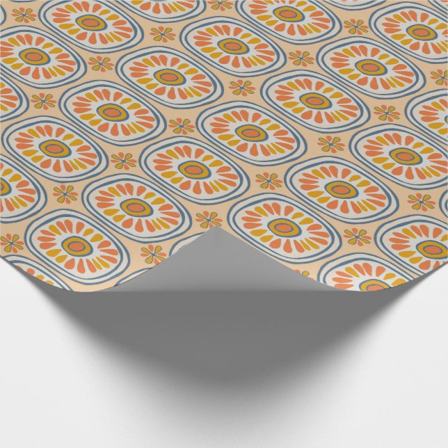 Retro Round Tiles Mexico Daisy Pattern Orange BLue Wrapping Paper (Corner)