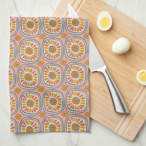 Retro Round Tiles Mexico Daisy Pattern Peach Kitchen Towel