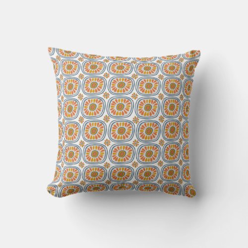 Retro Round Tiles Mexico Daisy Pattern White Throw Pillow