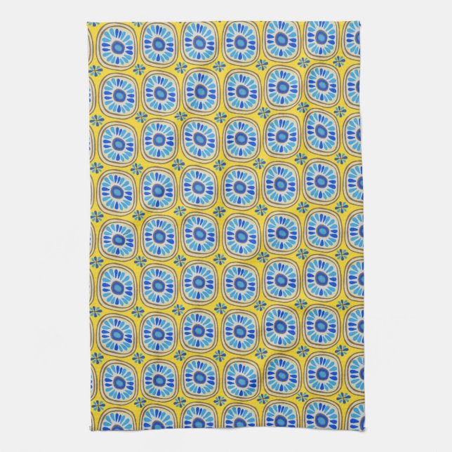 Retro Round Tiles Mexico Daisy Pattern Yellow Kitchen Towel (Vertical)