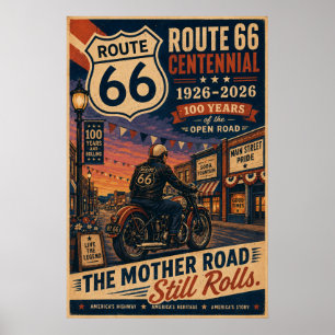 Retro Route 66 Centennial Motorcycle Biker Poster